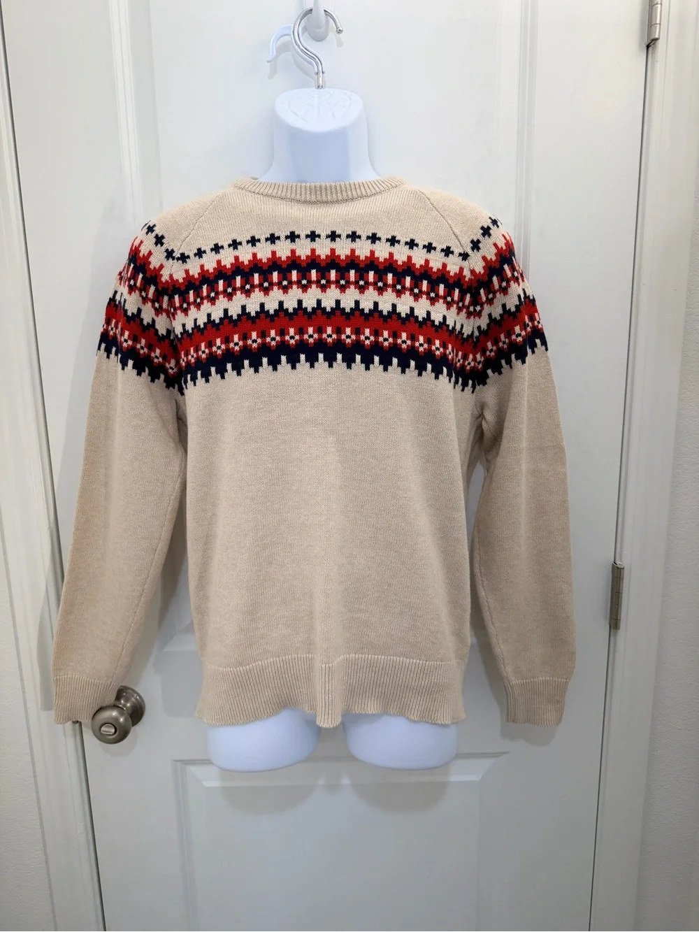 J. Crew Beige Crewneck Sweater with Red & Navy Fair Isle Yoke